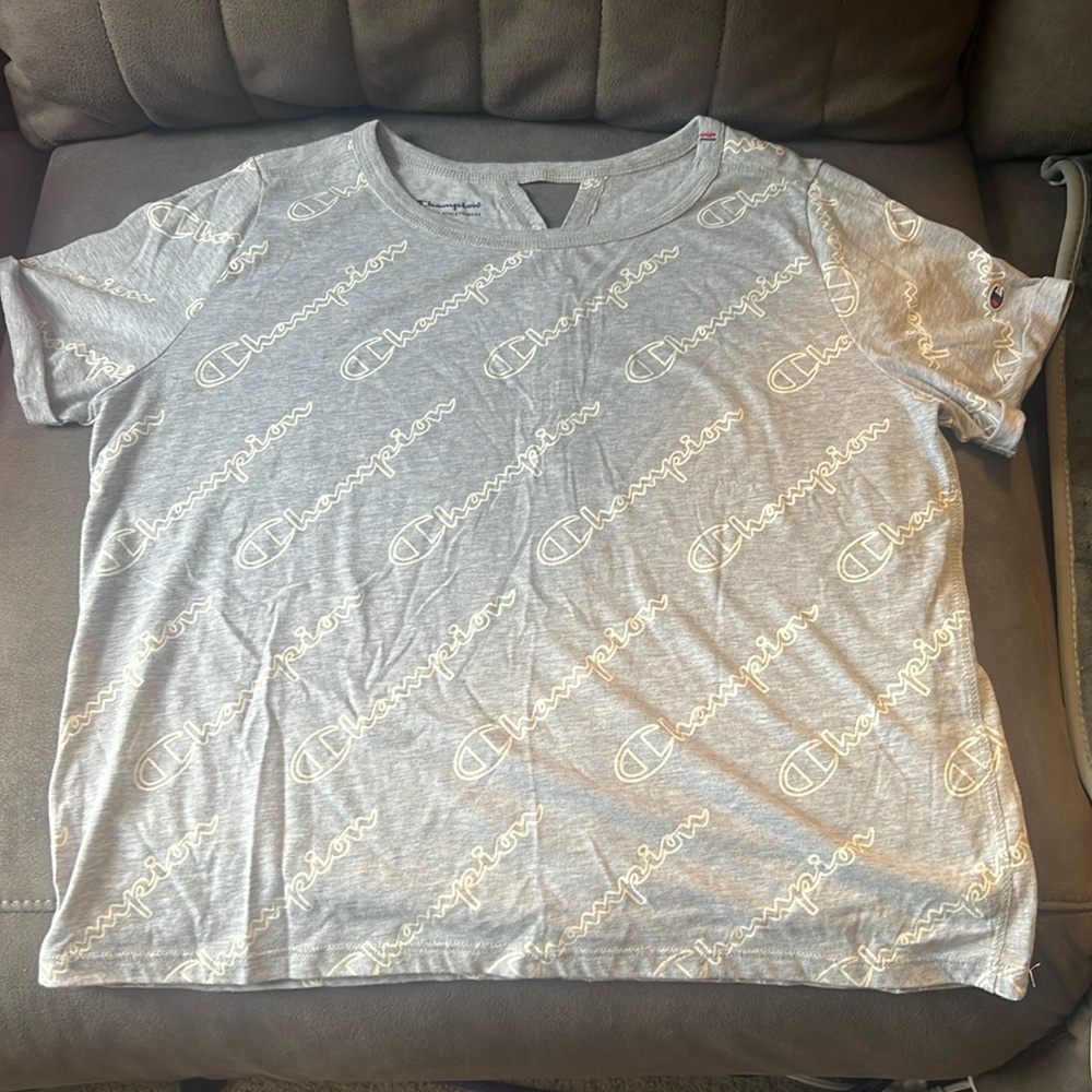 Champion Repeat Logo Heather Gray Roll Sleeve Crop Top Tee Sz Medium